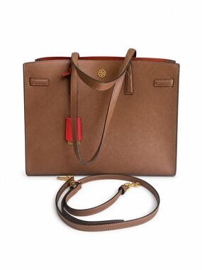 Tory Burch Walker Satchel Brown Leather Tote, Orange Interior & Accent Tag